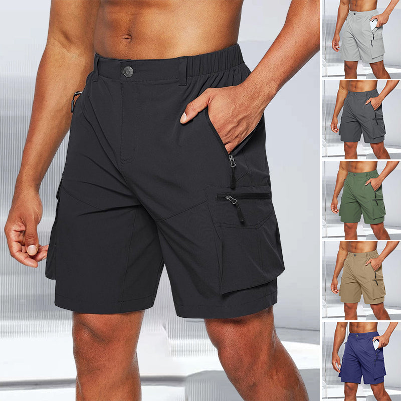 Men's quick-dry cargo shorts in olive for hiking & outdoor adventure, front view.