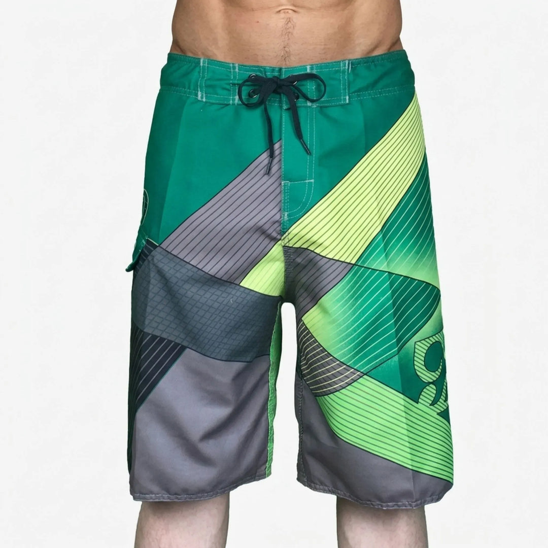 Durable men's quick-dry board shorts with print, versatile beach & pool swimwear for active men.