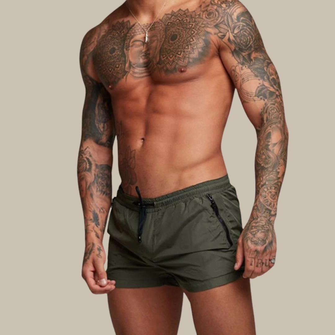 Fashionable men's quick-dry stretch swim trunks, offering ultimate comfort & style for summer.