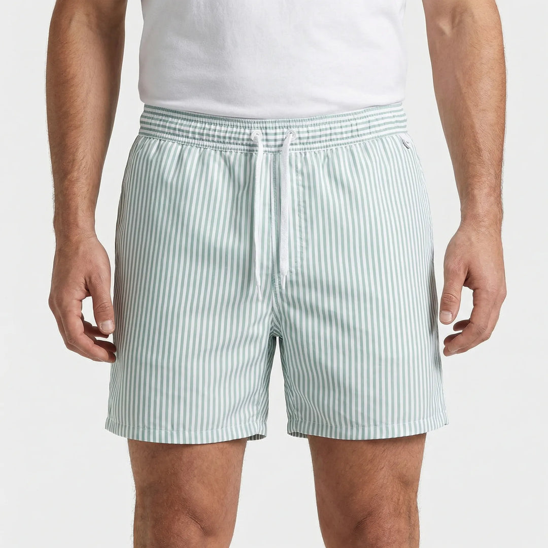Blue and white striped men's swimwear, quick-dry fabric for summer.
