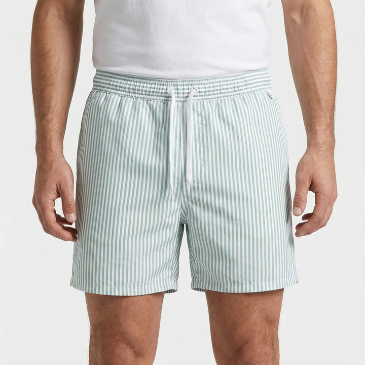 Blue and white striped men's swimwear, quick-dry fabric for summer.