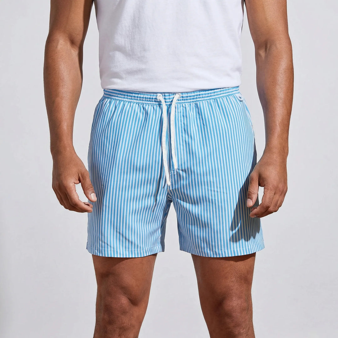 Fashionable men's striped swim trunks, essential for beach and pool.