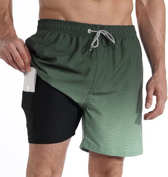 Men's quick-dry board shorts with compression liner, great for swimming, surfing, or beach activewear.