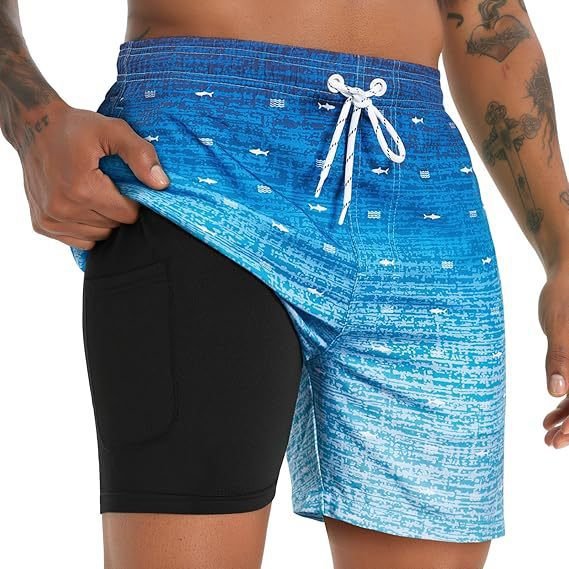 Men's quick-dry swim shorts, designed for comfort and performance with a built-in compression liner.