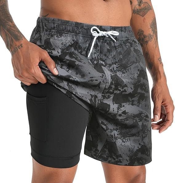 Men's quick-dry swim shorts, ideal beachwear with compression liner for active summer vacation.