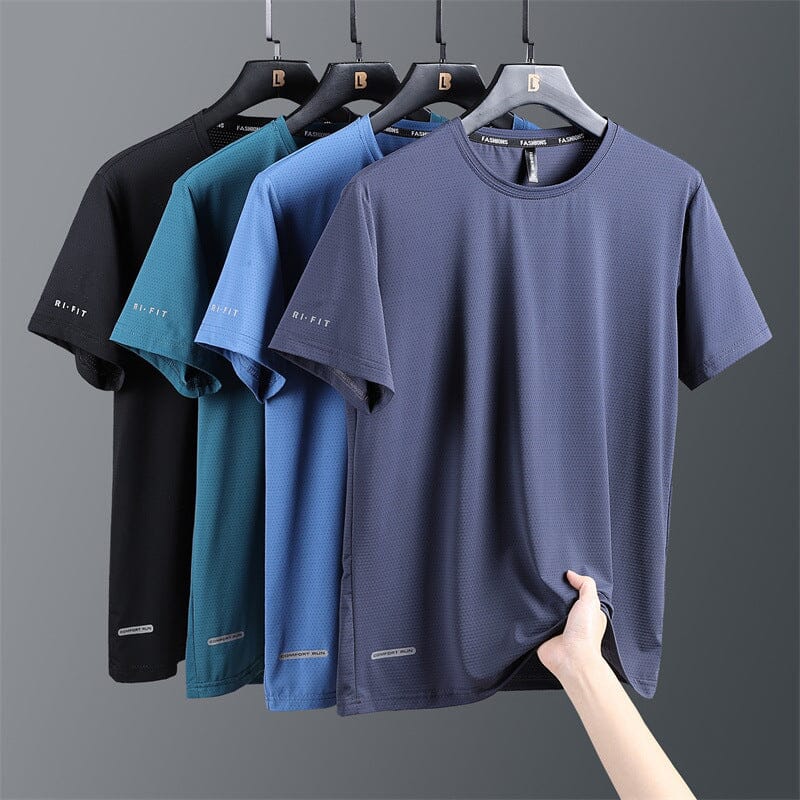 Men's quick-drying ice silk summer t-shirt, light blue, loose fit, crewneck, on a hanger