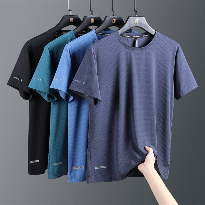 Men's quick-drying ice silk summer t-shirt, light blue, loose fit, crewneck, on a hanger