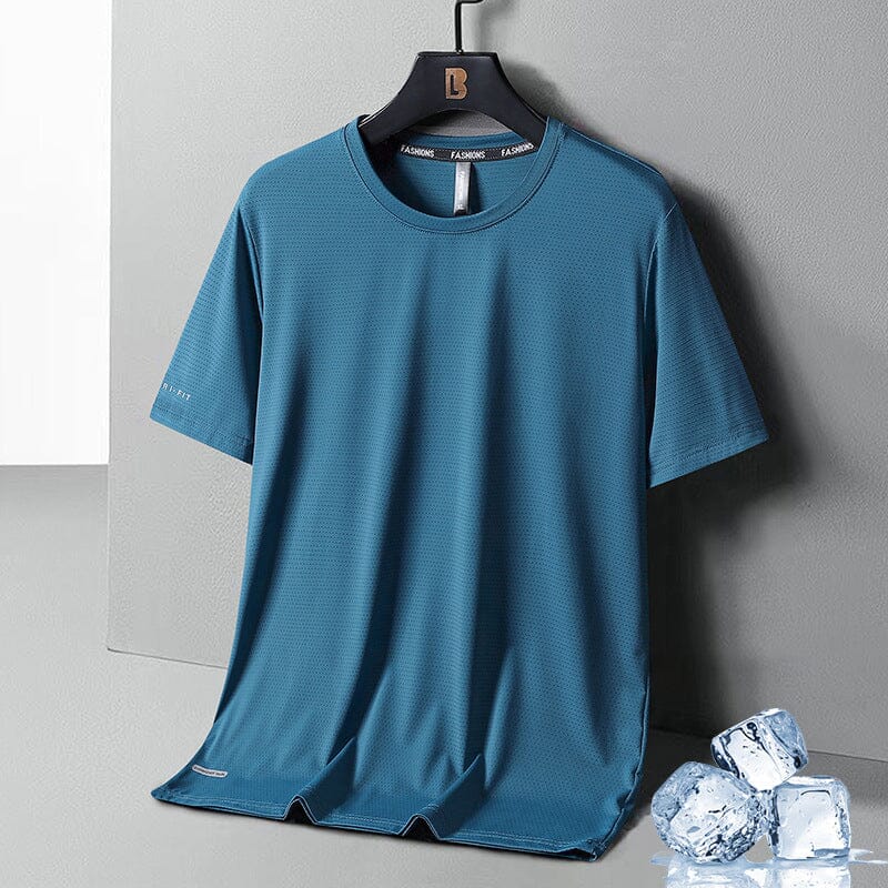Model posing in a forest green quick-drying ice silk summer t-shirt, relaxed and stylish