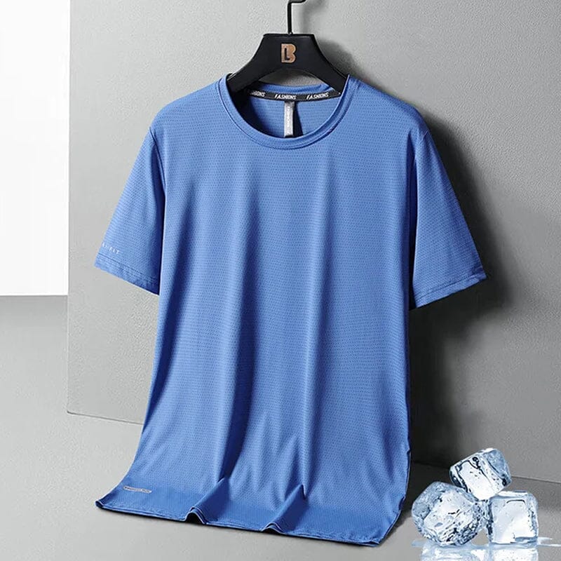 Close-up of the breathable mesh-like structure on a men's ice silk summer t-shirt