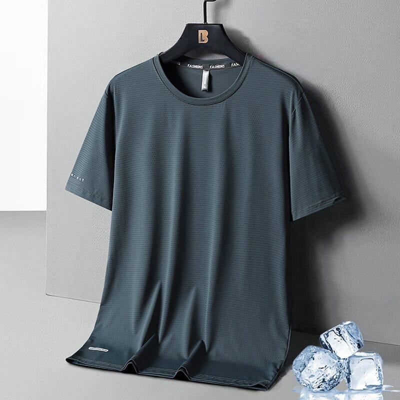 Display of men's quick-dry ice silk summer t-shirts in retail store, showing different sizes
