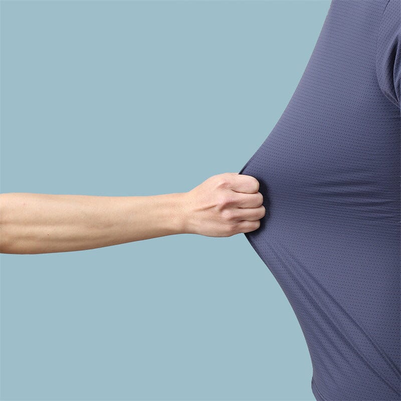 Back view of a grey men's breathable ice silk t-shirt, perfect for summer, comfortable