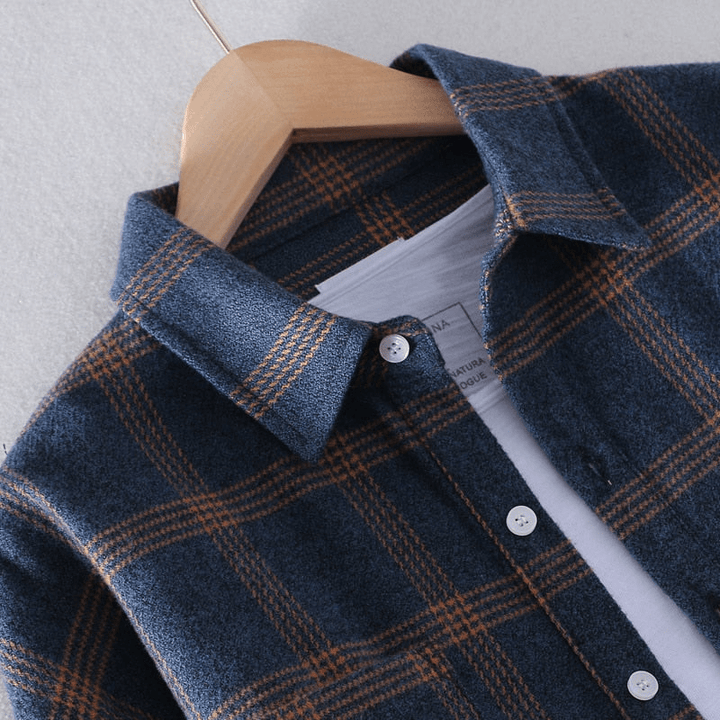 Comfortable men's checkered button-down shirt in red and blue, ideal for casual outings.