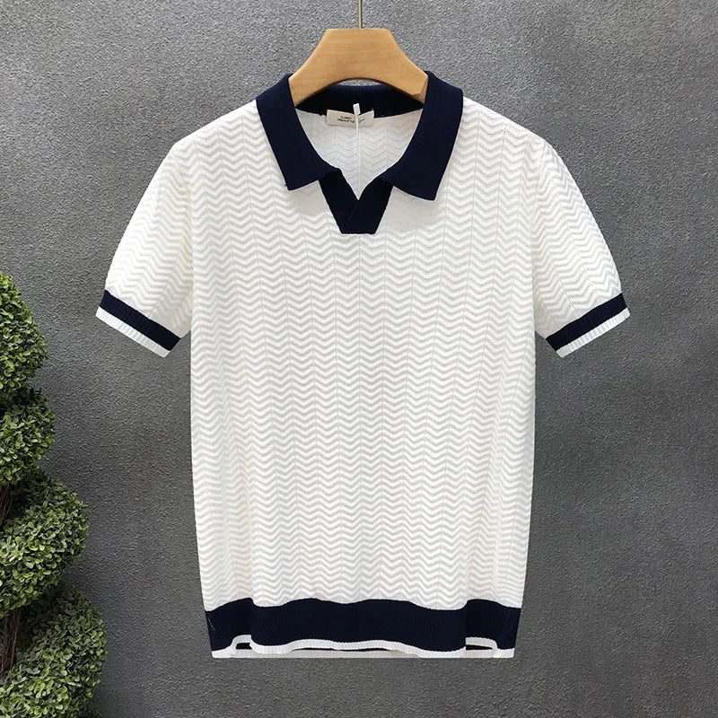Refined men's textured polo knit shirt. A stylish collared top, perfect for smart casual and everyday comfort in spring.
