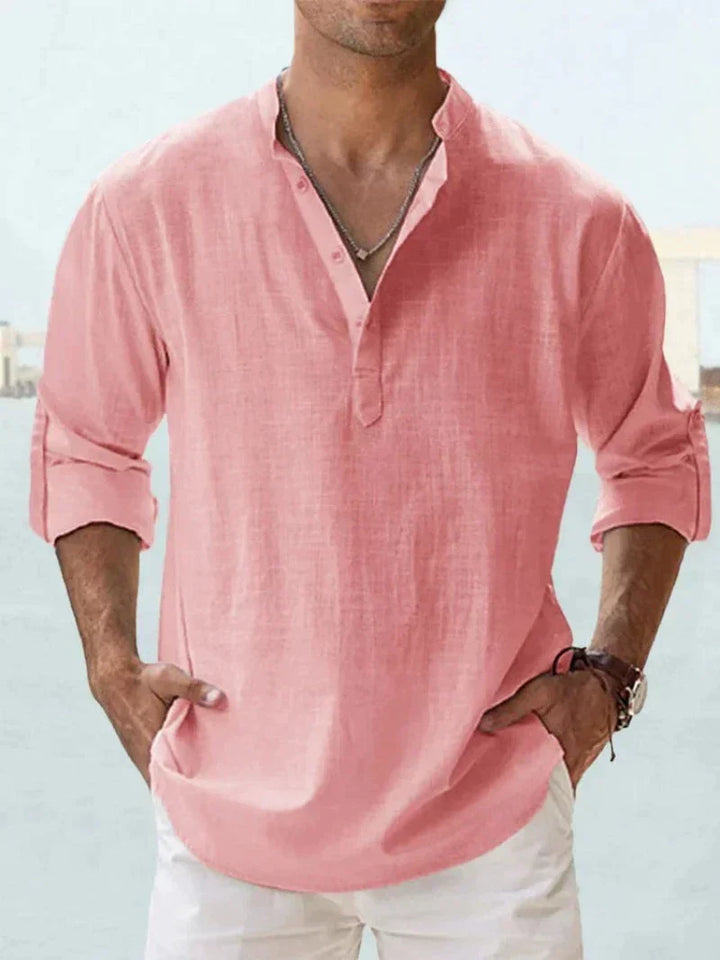 Versatile men's long sleeve casual button-up shirt, regular fit, lightweight for summer activities.