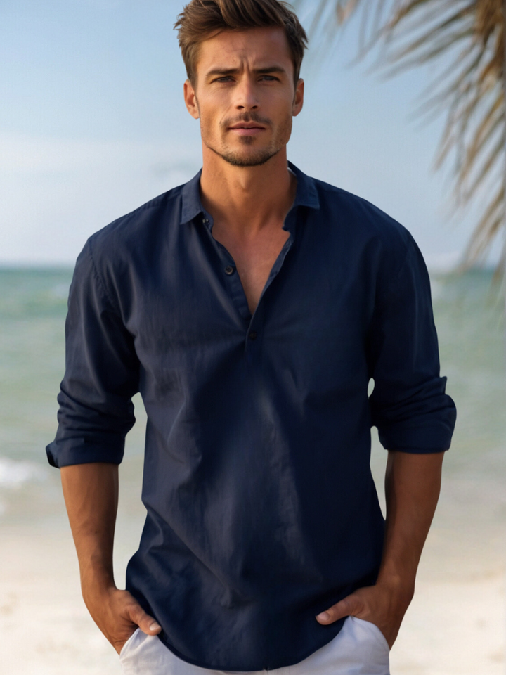 Lightweight men's long sleeve button-up shirt, perfect for beach wear & summer vacation.