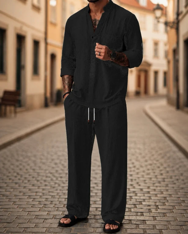 Men's relaxed fit 2-piece shirt & drawstring pants set. Perfect casual summer outfit for travel & resort wear.