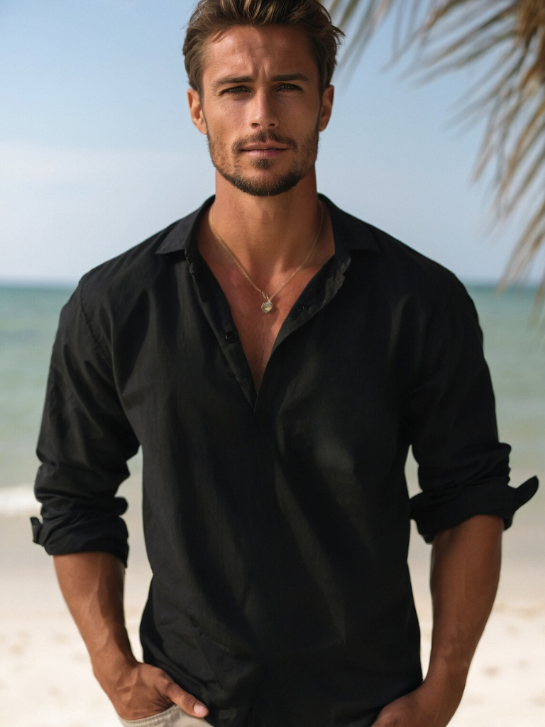 Men's relaxed fit button-down summer shirt. Ideal for warm weather, casual wear, and vacations.