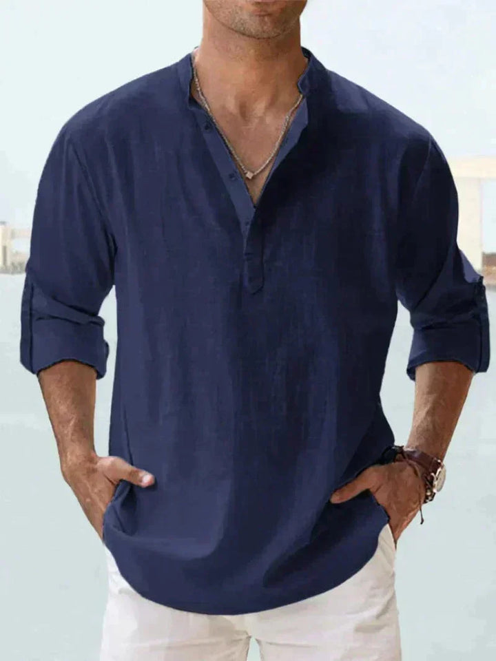 Lightweight men's summer shirt, relaxed fit, button-down. Perfect for beachwear & warm weather comfort.