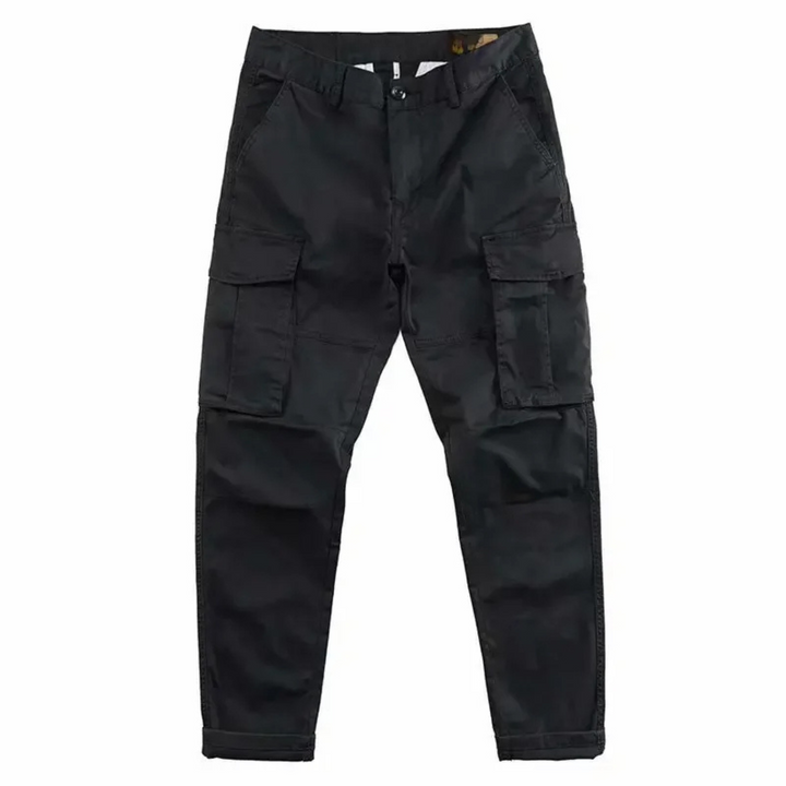 Men's relaxed fit cargo pants in khaki with multiple utility pockets, ideal for casual wear and durability.