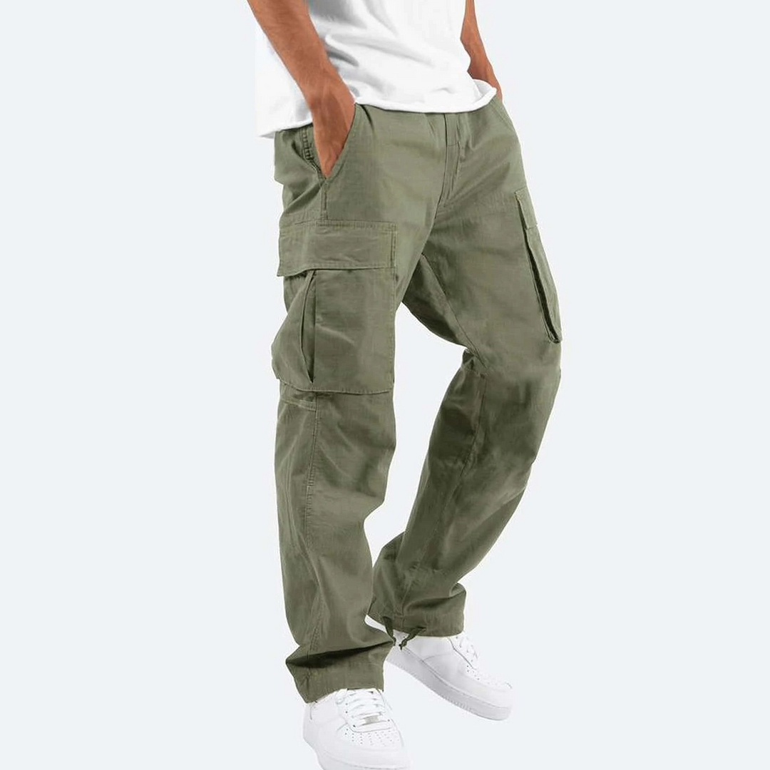 Black men's cargo pants, relaxed fit & comfortable. Stylish utility trousers with multiple pockets for casual & street wear.