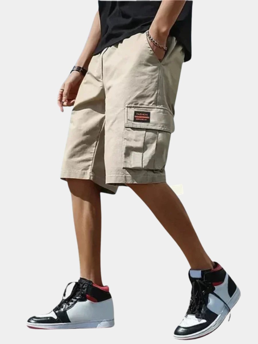Men's relaxed fit cargo shorts in beige for summer comfort, outdoor adventures & casual wear.