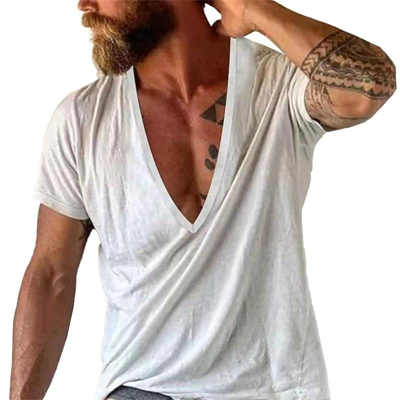 Men's relaxed fit deep V-neck t-shirt in white, ideal for summer casual wear & everyday comfort.