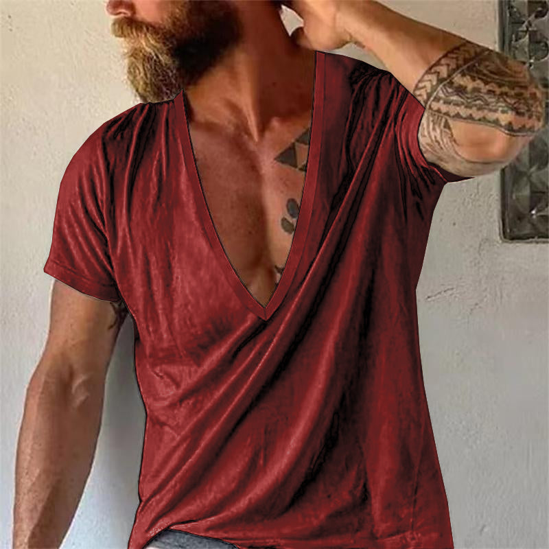 Men's casual short sleeve t-shirt with a deep V-neck, relaxed fit, easy to style.