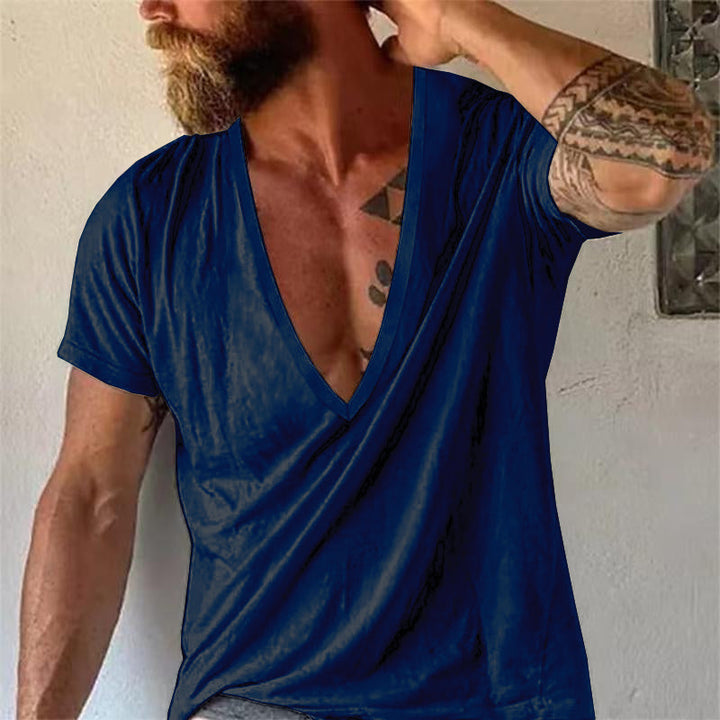 Modern men's deep V-neck tee, perfect for summer layering, relaxed fit, everyday comfort.