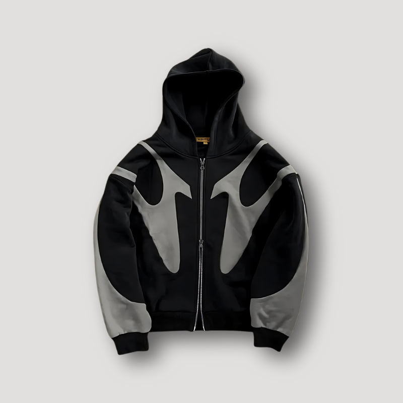 Men's relaxed fit fashion zip-up hoodie in charcoal grey, perfect for streetwear and casual layering.