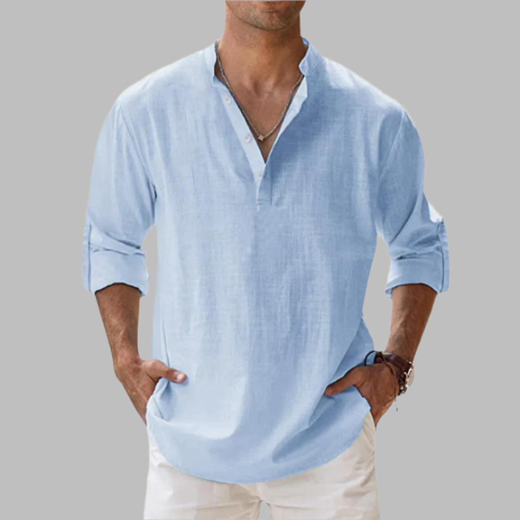 Men's relaxed fit long-sleeve button-down summer shirt for warm weather casual wear.