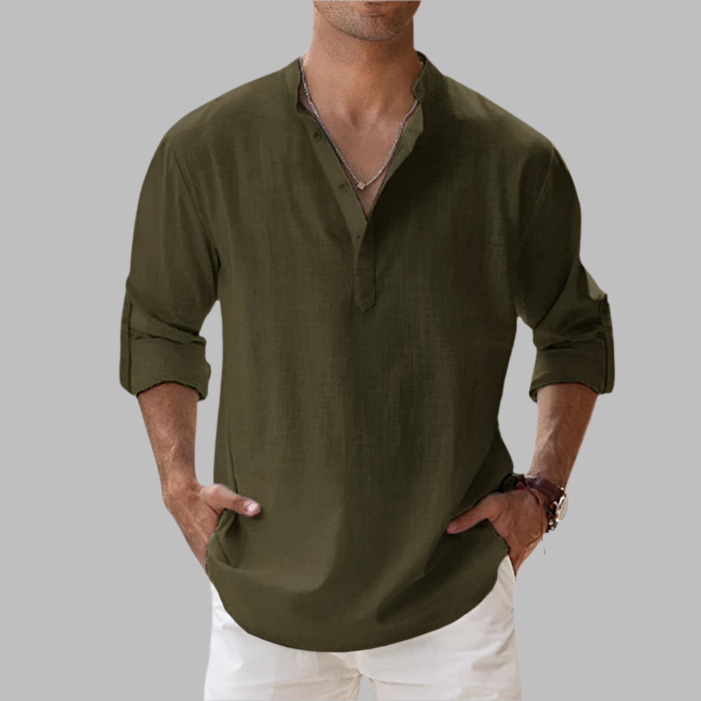 Men's stylish collared long-sleeve button-down shirt with a relaxed fit, perfect for summer casual outings.