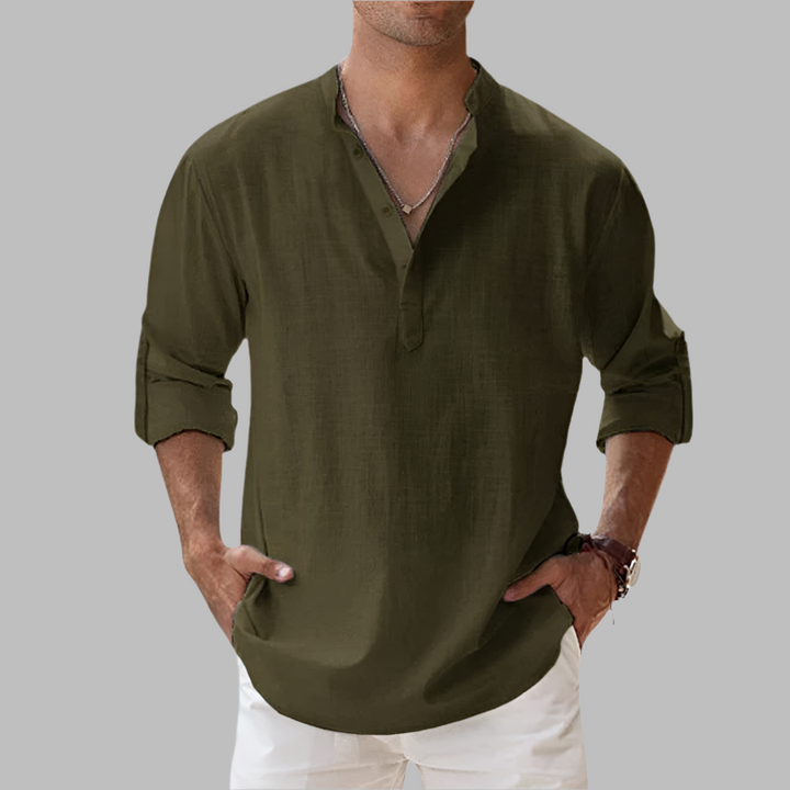 Men's stylish collared long-sleeve button-down shirt with a relaxed fit, perfect for summer casual outings.