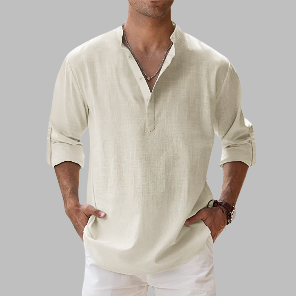 Breathable men's long-sleeve relaxed fit summer button-down shirt, a comfortable casual fashion choice.