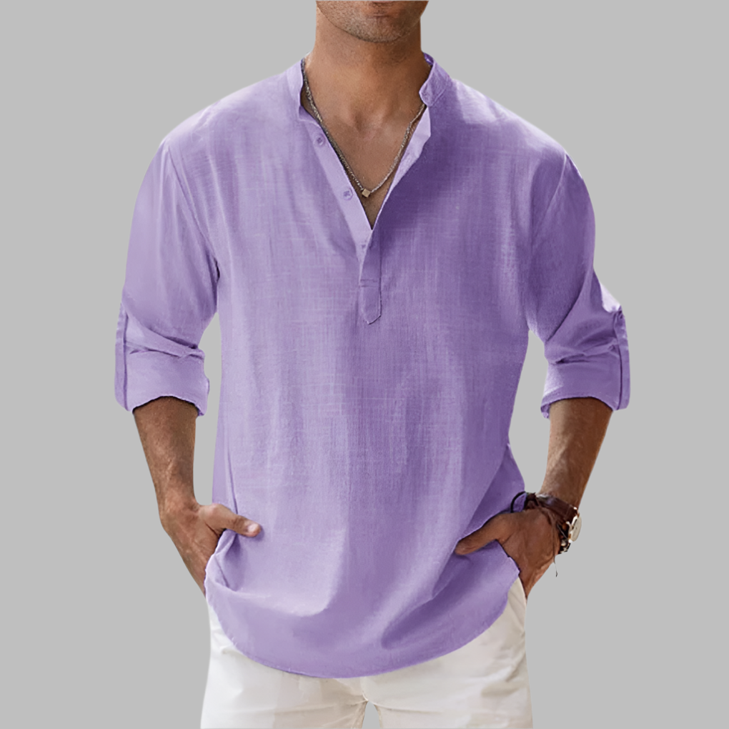 Comfort-first men's relaxed fit button-down summer shirt, lightweight and stylish for warm weather.