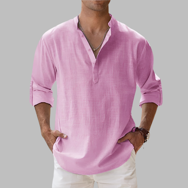 Men's long-sleeve relaxed fit summer button-down shirt, a versatile and breathable casual wear option.