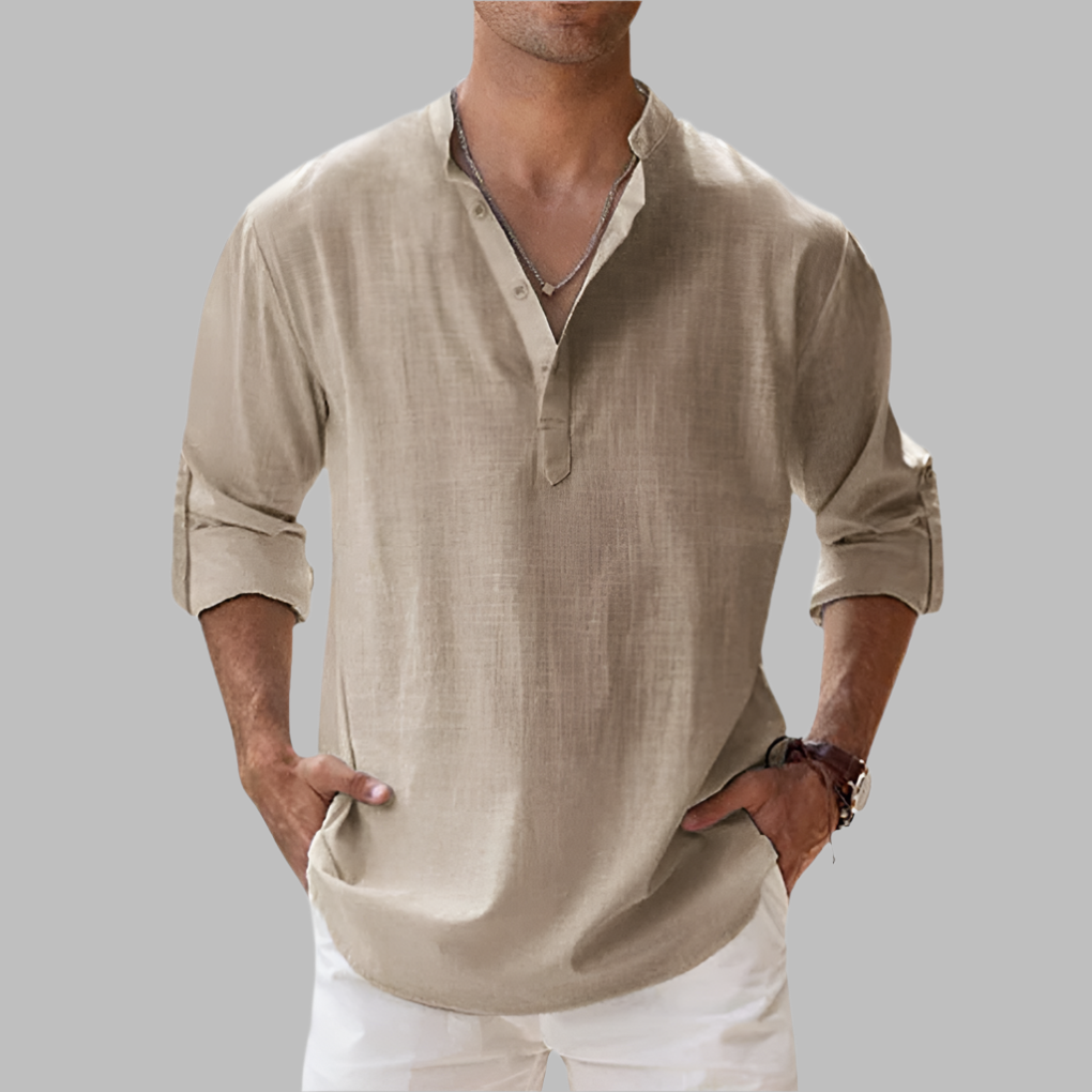 Relaxed fit men's button-down summer shirt, long-sleeve and breathable for spring & summer fashion.