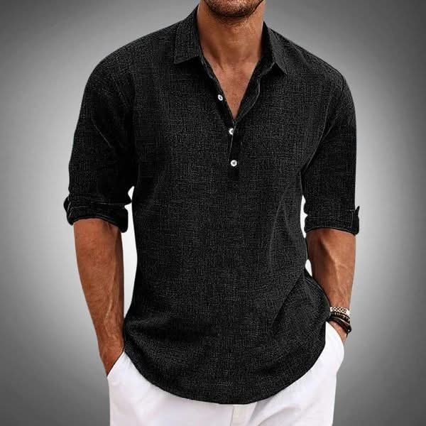 Stylish men's long sleeve Henley top with half-button placket & lapel collar, relaxed fit for everyday comfort.