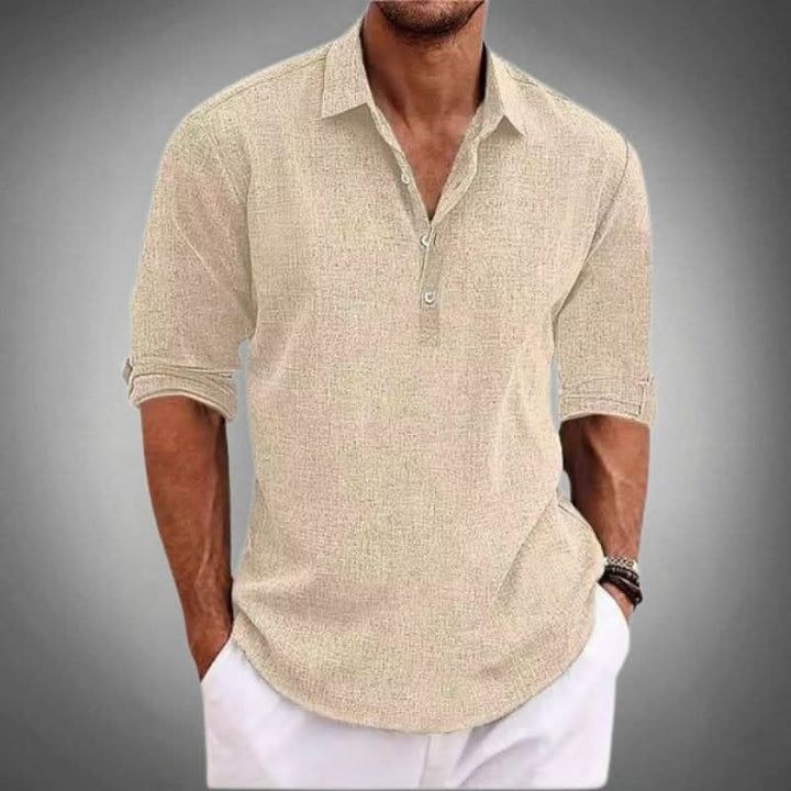 Relaxed fit men's long sleeve Henley shirt, a comfortable and stylish casual top for all-day wear in spring.