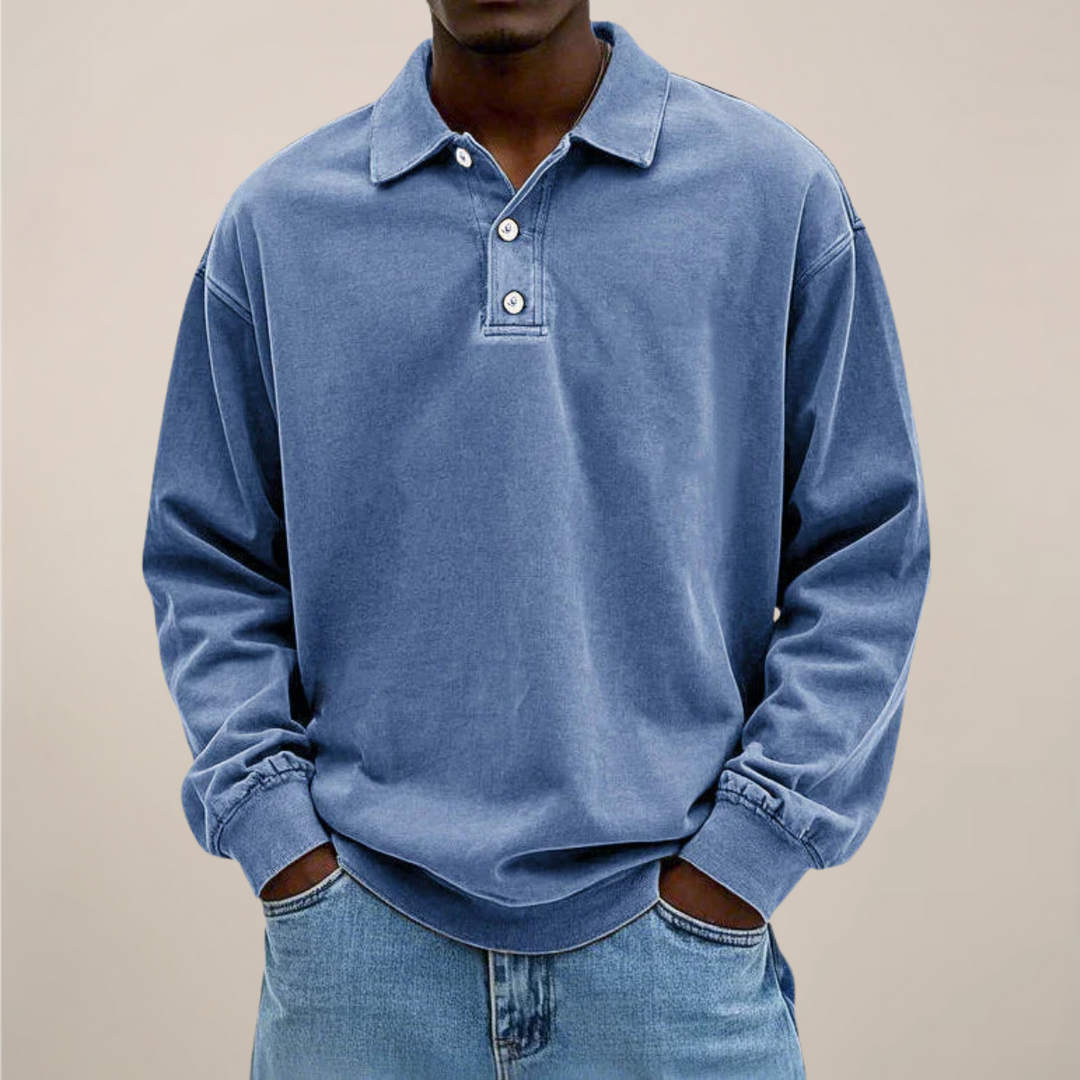 Men's relaxed fit long sleeve polo shirt with button placket. Perfect for smart casual & everyday wear.