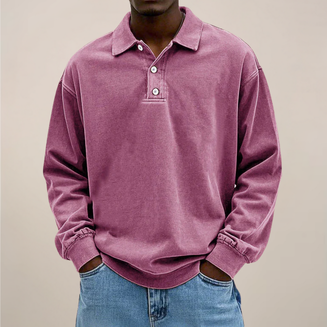 Men's relaxed fit long sleeve polo shirt. Smart casual, comfortable, classic style, everyday essential.