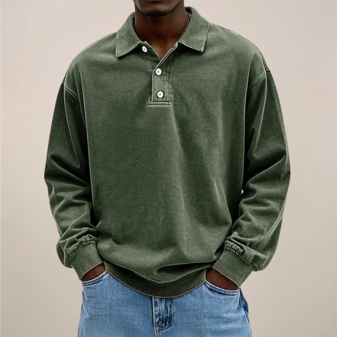 Classic men's long sleeve polo shirt, versatile for smart casual outfits. Comfortable relaxed fit.