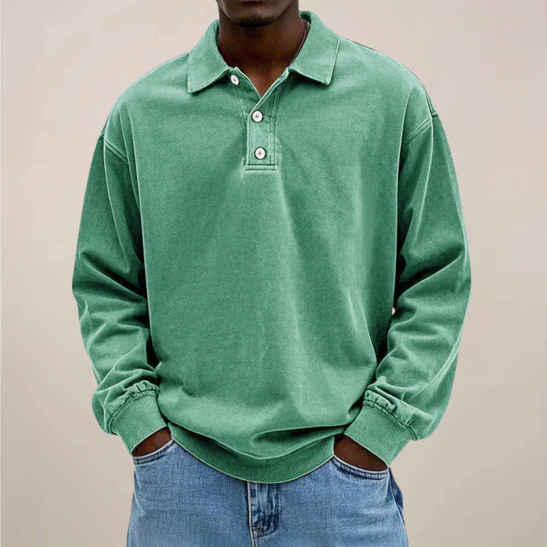 Front view of a men's relaxed fit long sleeve polo. Smart casual, comfortable & classic men's fashion.