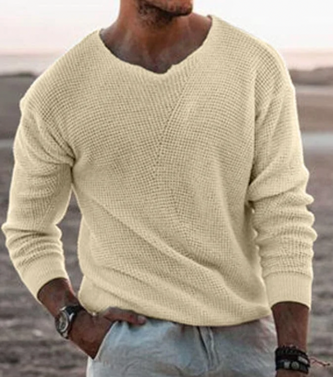 Men's relaxed fit long-sleeve waffle knit sweater in a cozy, versatile design for fall and winter.