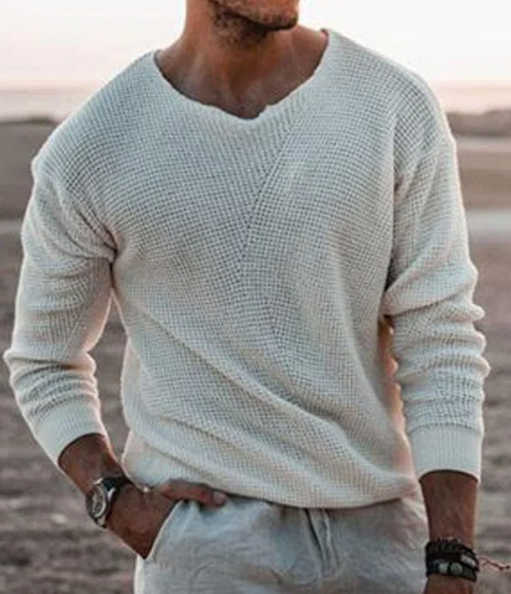 Casual men's relaxed fit long-sleeve waffle knit pullover, perfect for comfortable everyday wear.