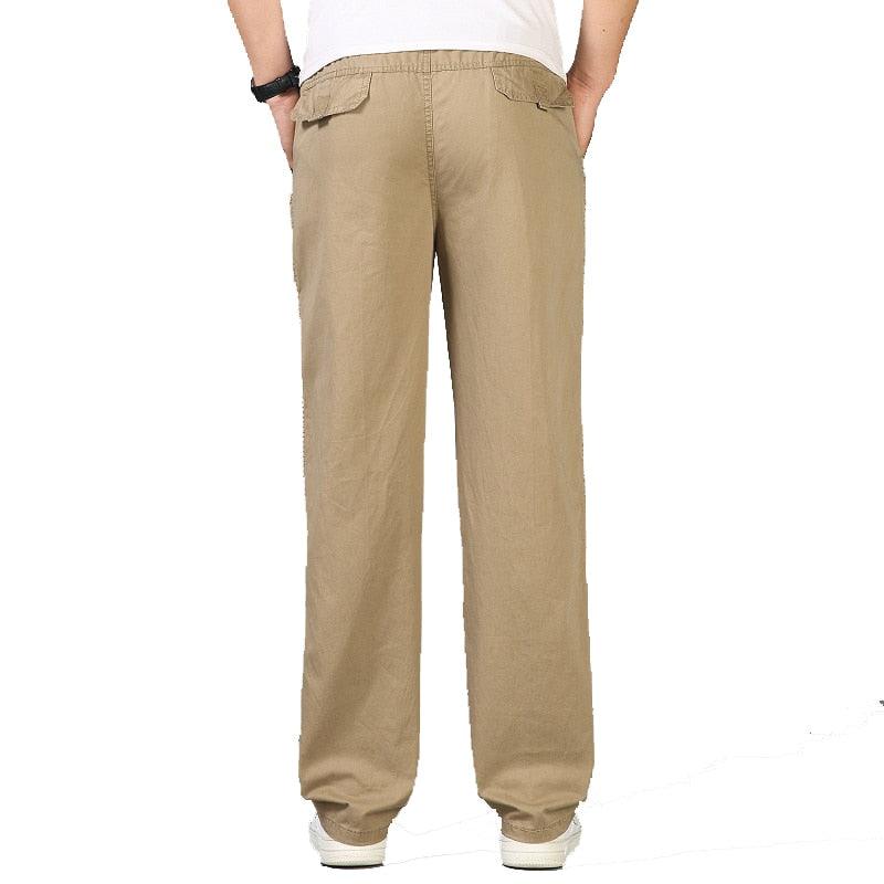 Classic men's chino style relaxed fit casual pants. Pull-on trousers with straight leg & elastic waist for comfort.