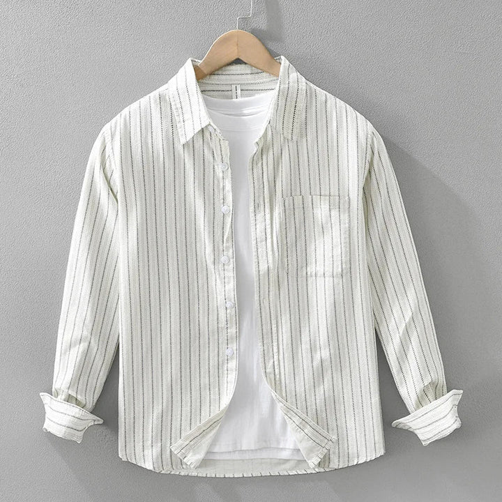 Stylish men's striped button-up shirt, a versatile long-sleeve top with a relaxed fit for casual spring and summer fashion.