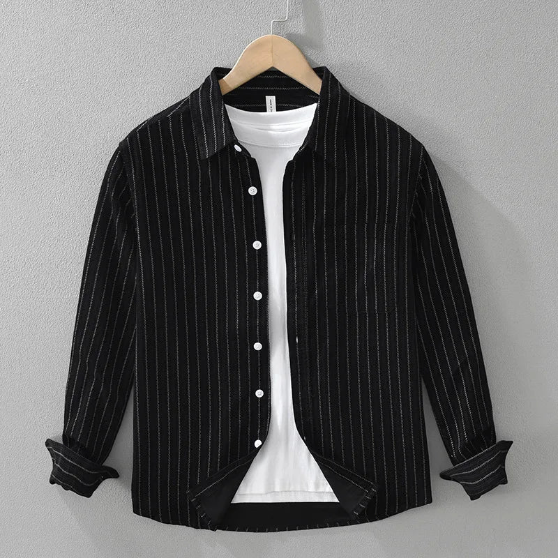 Comfortable men's relaxed fit button-up shirt with classic stripes. Long-sleeve collared design, ideal for everyday style.
