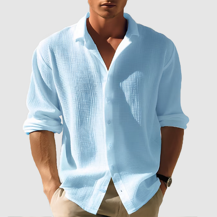 Men's relaxed fit summer button-down shirt, lightweight long sleeve for casual comfort & style.