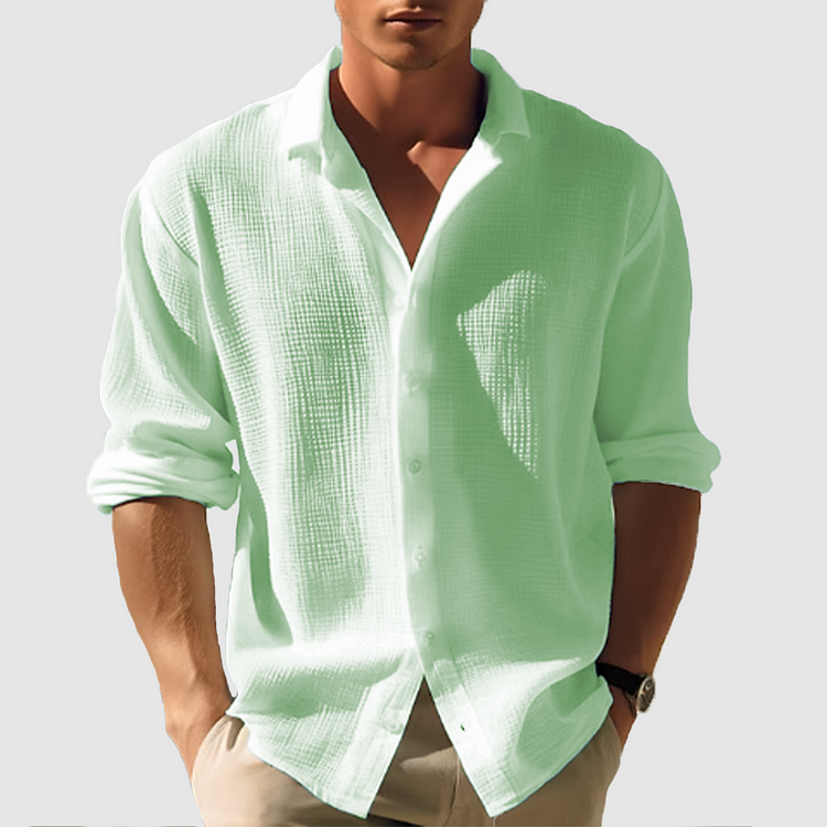 Men's casual button-down vacation shirt, long sleeve relaxed fit, ideal beach wear & summer style.