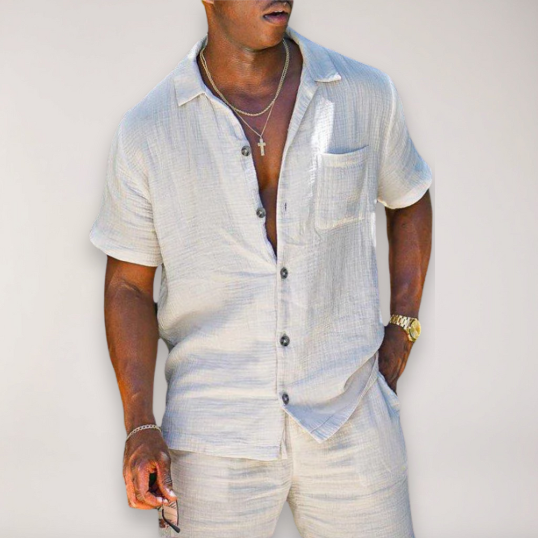 Men's relaxed fit summer shirt and shorts set for ultimate comfort on vacation. Perfect casual holiday beachwear.